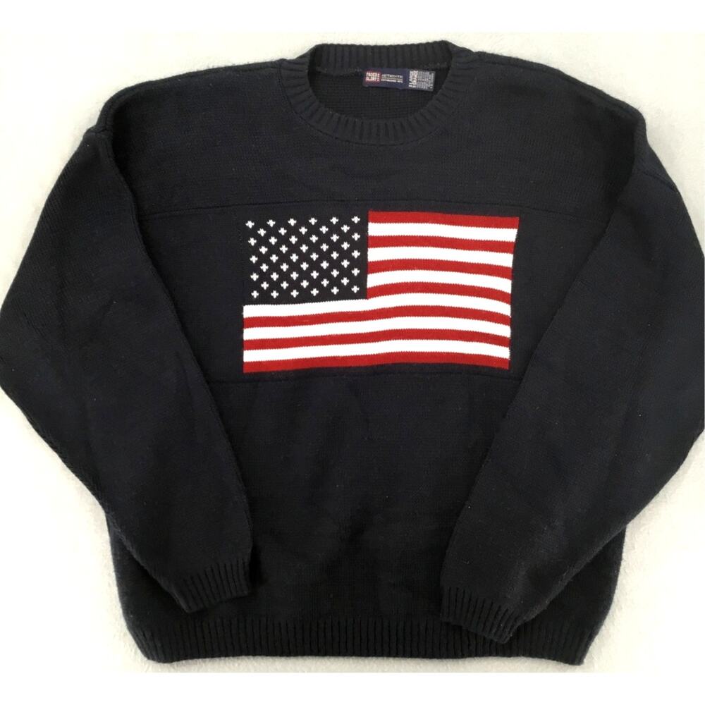 Vintage Faded Glory USA American Flag Knit Sweater XL Navy